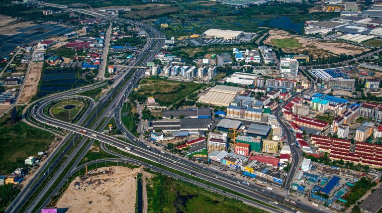 Industrial estate entrance Industrial estate land development aerial view